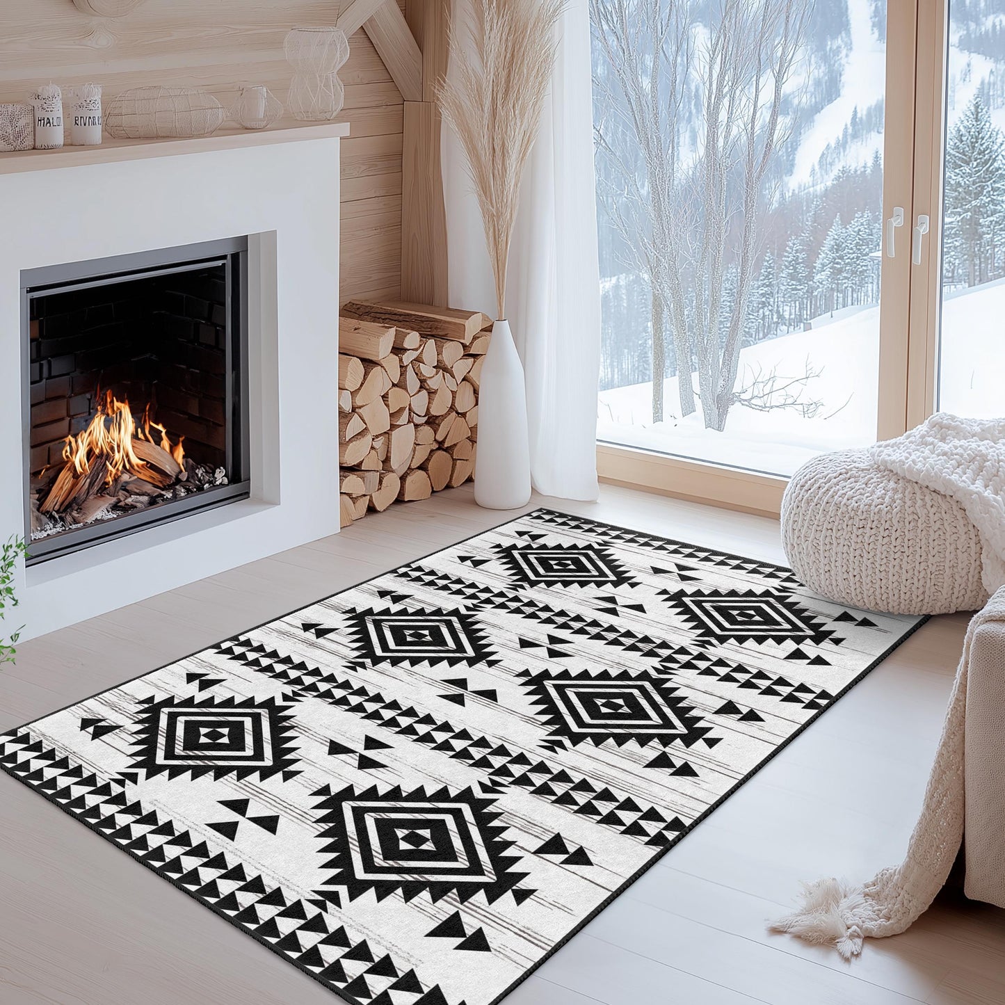 Durable Geometric Area Rug | Geometric Patterned Washable Rectangle Rug | Modern Black and White Carpet | Stylish Home Decor