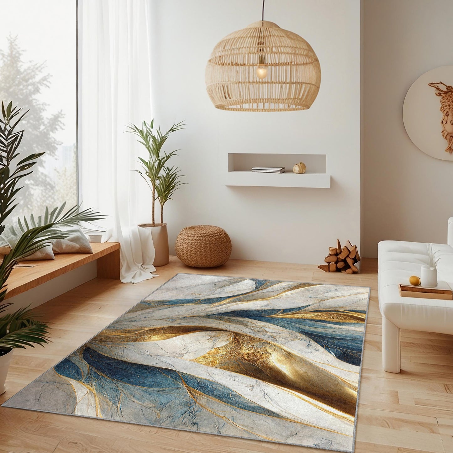 Elegant Blue and Gold Abstract Rectangular Area Rug | Luxurious Modern Home Decor | Soft and Washable Carpet for Living Room