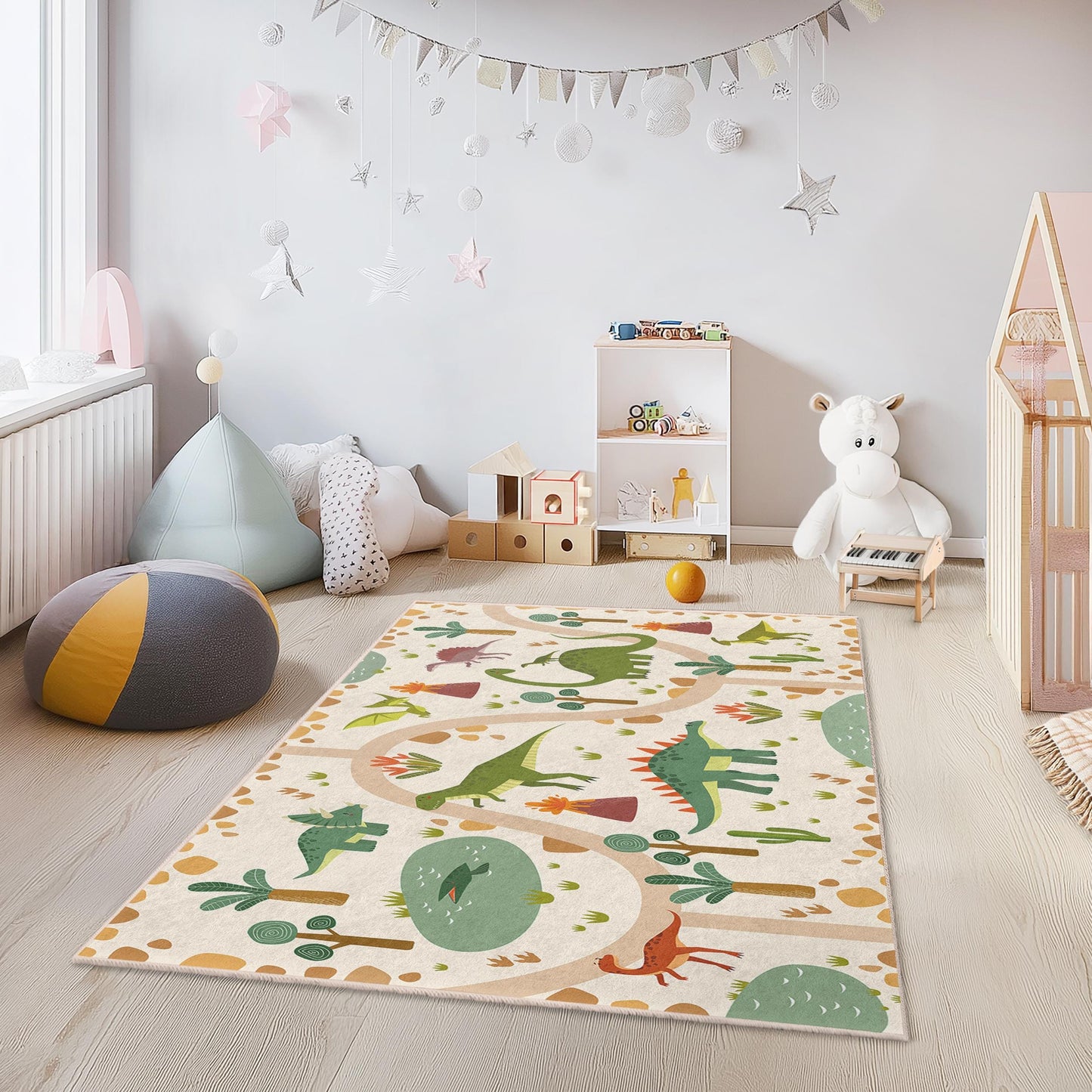 Dinosaurier-Abenteuer-Spielteppich für Kinder, interaktive Spielmatte fürs Kinderzimmer, weicher rechteckiger Teppich, Spielzimmerdekoration, Kinderzimmerteppich