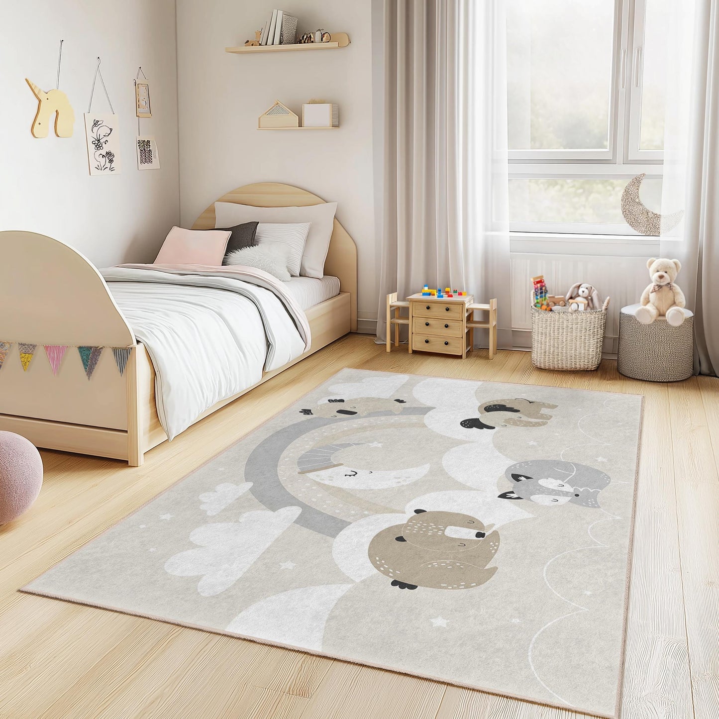 Rechteckiger Teppich mit niedlichem Tiermotiv, weicher Kinderzimmerteppich, Kinderzimmerdekoration, Spielzimmermatte, bezauberndes Tierdesign, Teppich für Kleinkinderzimmer