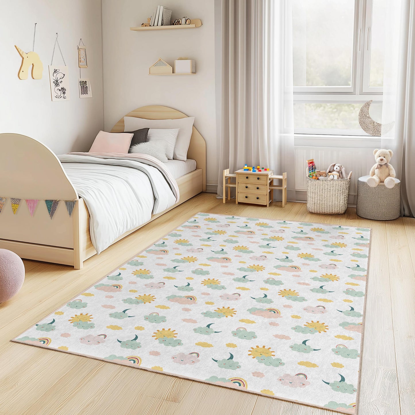 Cloud and Sun Kids Rug: Pastel Nursery Playroom Decor
