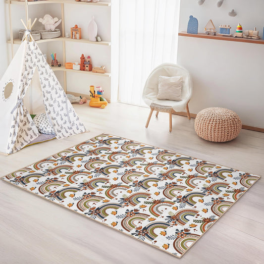 Rainbow Floral Kids Rug: Soft Playroom Nursery Carpet