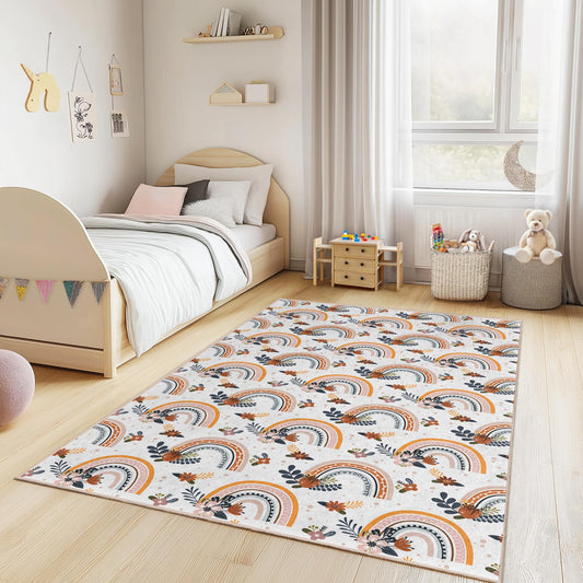 Rainbow Floral Kids Rug: Soft Playroom Carpet, Nursery Decor