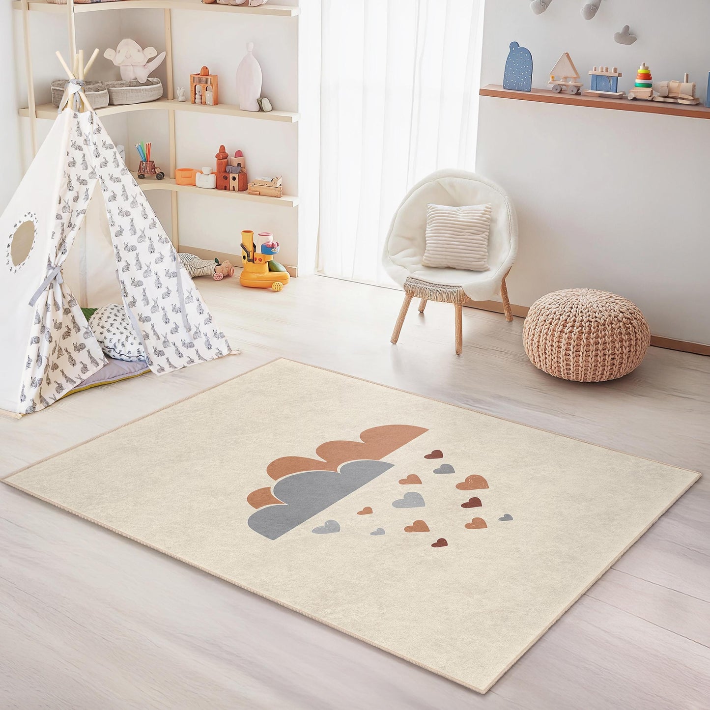 Clouds and Hearts Kids Room Rug, Cute Nursery Carpet, Rectangular Play Mat, Soft Baby Room Decor, Adorable Toddler Rug