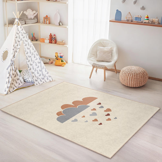 Clouds and Hearts Kids Room Rug, Cute Nursery Carpet, Rectangular Play Mat, Soft Baby Room Decor, Adorable Toddler Rug
