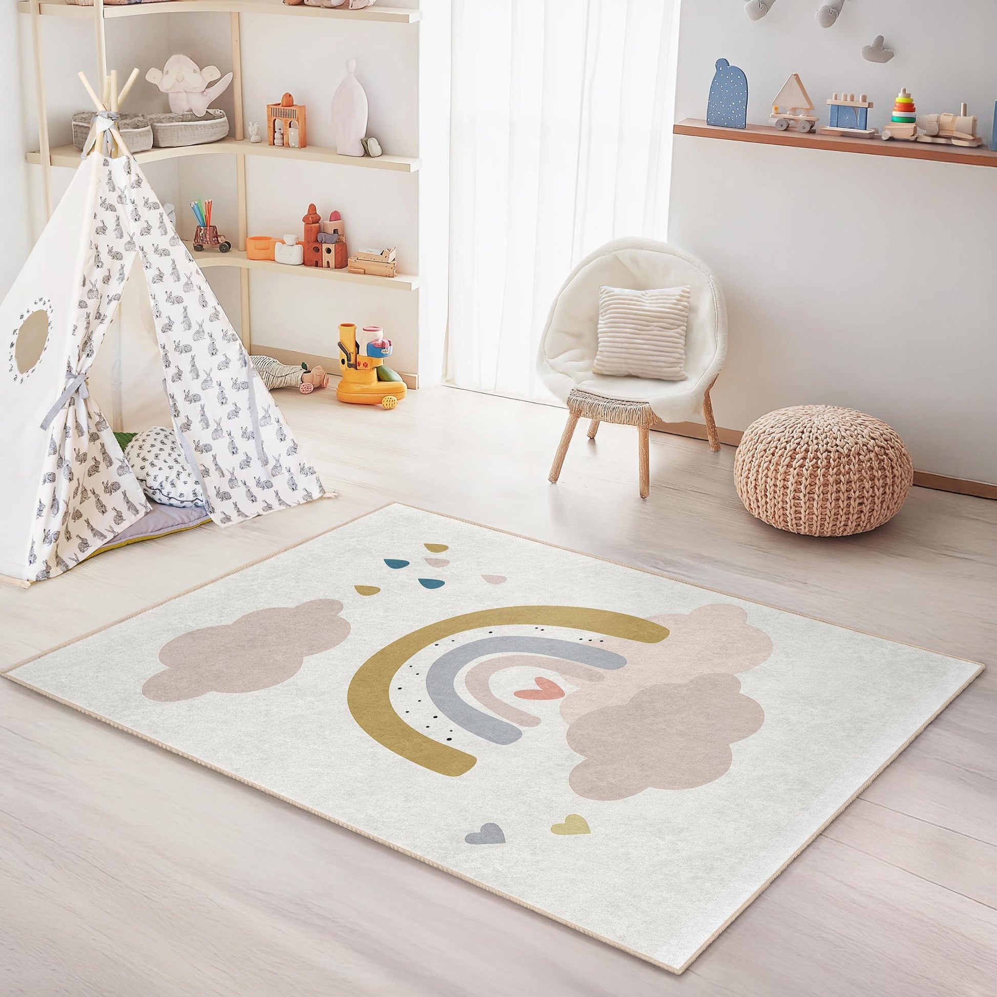 Rainbow Cloud Rectangle Kids Rug, Soft Nursery Carpet, Toddler Room Decor, Playroom Rug, Colorful Kids Area Rug