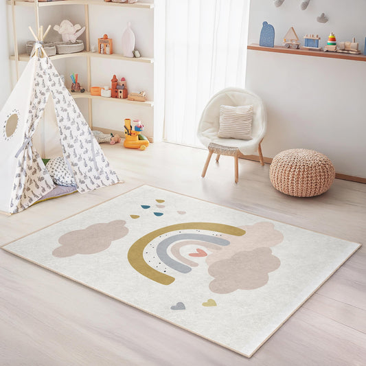 Rainbow Cloud Rectangle Kids Rug, Soft Nursery Carpet, Toddler Room Decor, Playroom Rug, Colorful Kids Area Rug
