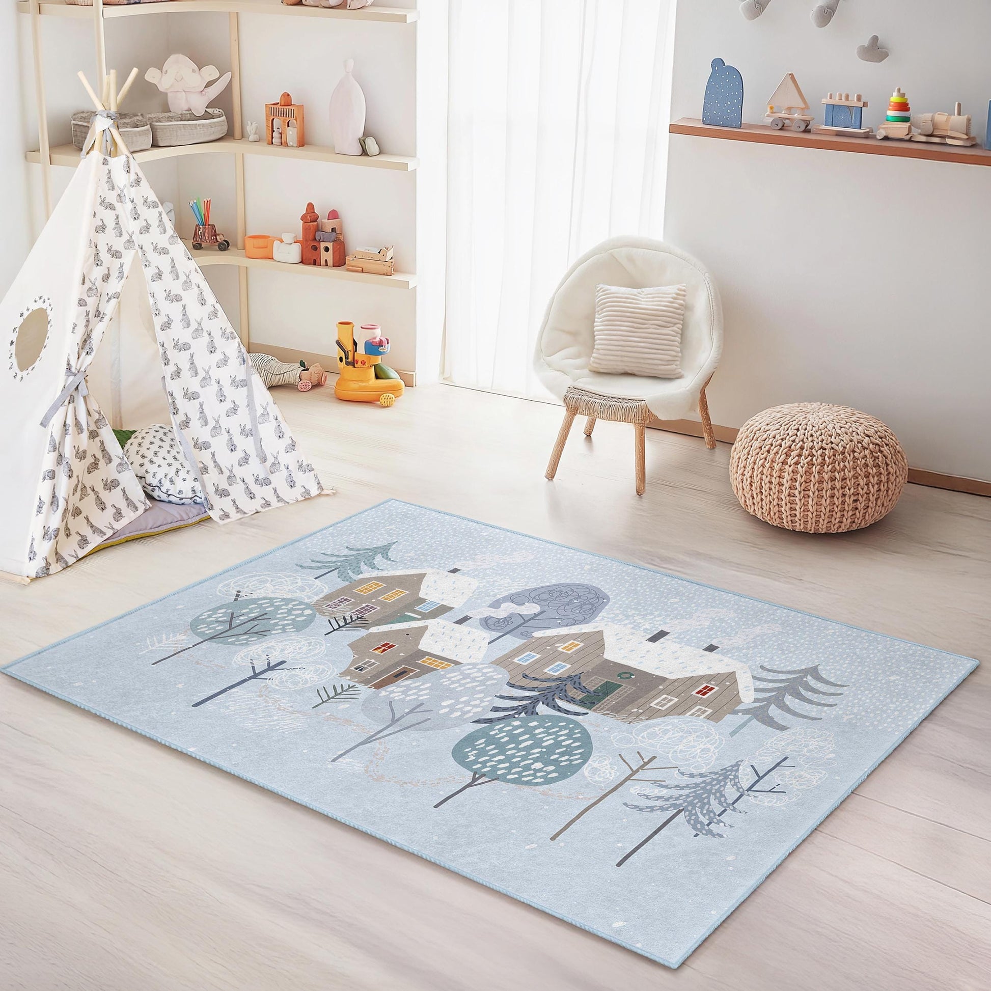 Winter Wonderland Rectangular Kids Rug, Cozy House Design Rug, Kids Room Decor, Soft Winter Carpet, Nursery Rug, Playroom Rug