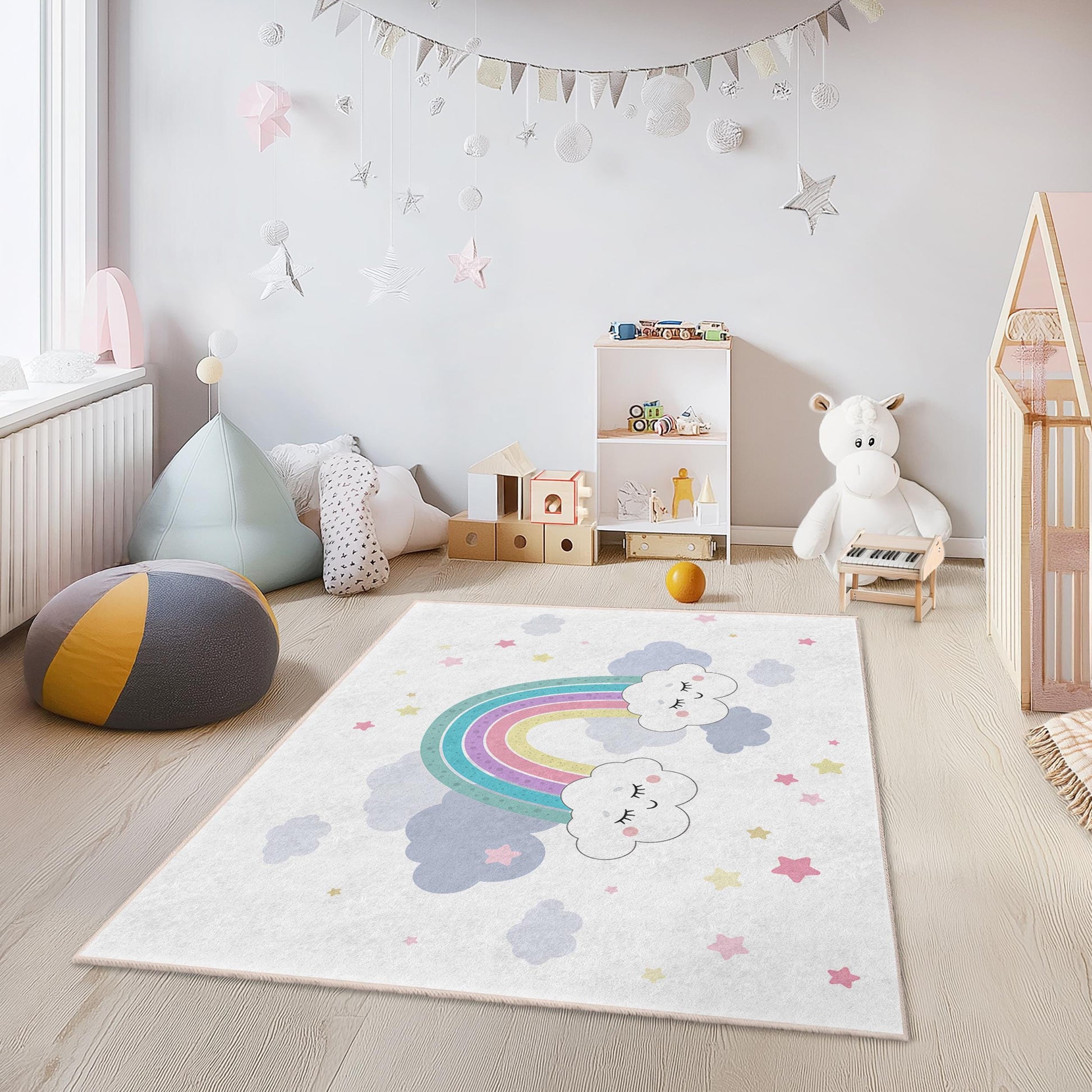 Cute Rainbow Clouds Kids Rectangular Rug, Colorful Nursery Carpet, Rainbow Play Mat, Toddler Room Decor, Soft Kids Area Rug