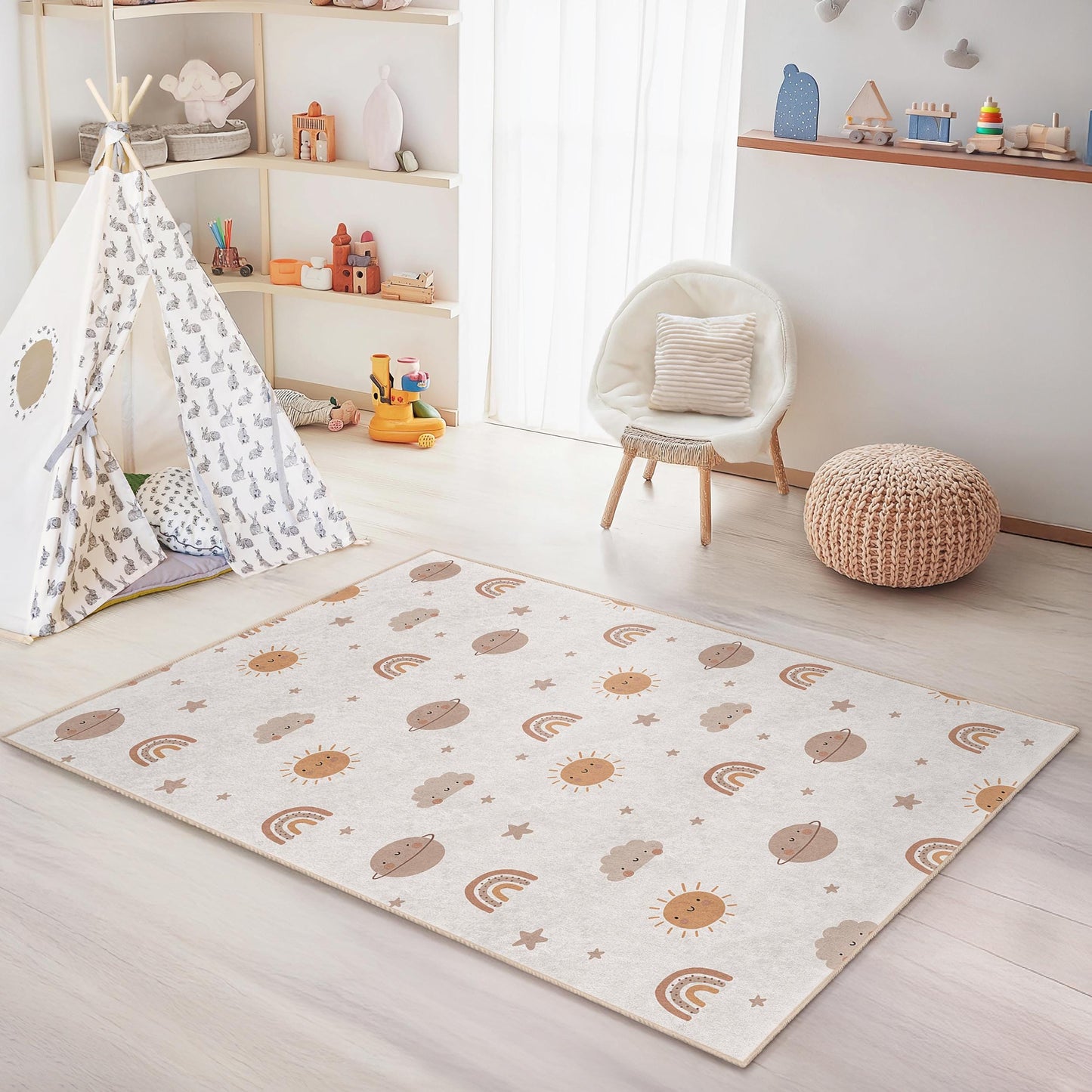 Whimsical Sun and Rainbow Rectangular Kids Rug, Cute Cloud Carpet, Nursery Decor, Playroom Rug, Soft Children's Flooring