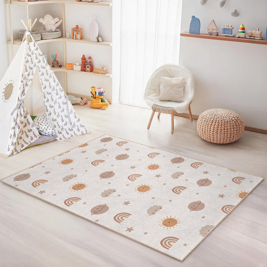 Whimsical Sun and Rainbow Rectangular Kids Rug, Cute Cloud Carpet, Nursery Decor, Playroom Rug, Soft Children's Flooring