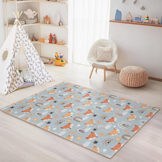 Whimsical Foxes and Rainbows Kids Rug, Rectangular Playroom Carpet, Cute Nursery Decor, Children's Room Rug, Soft Play Mat