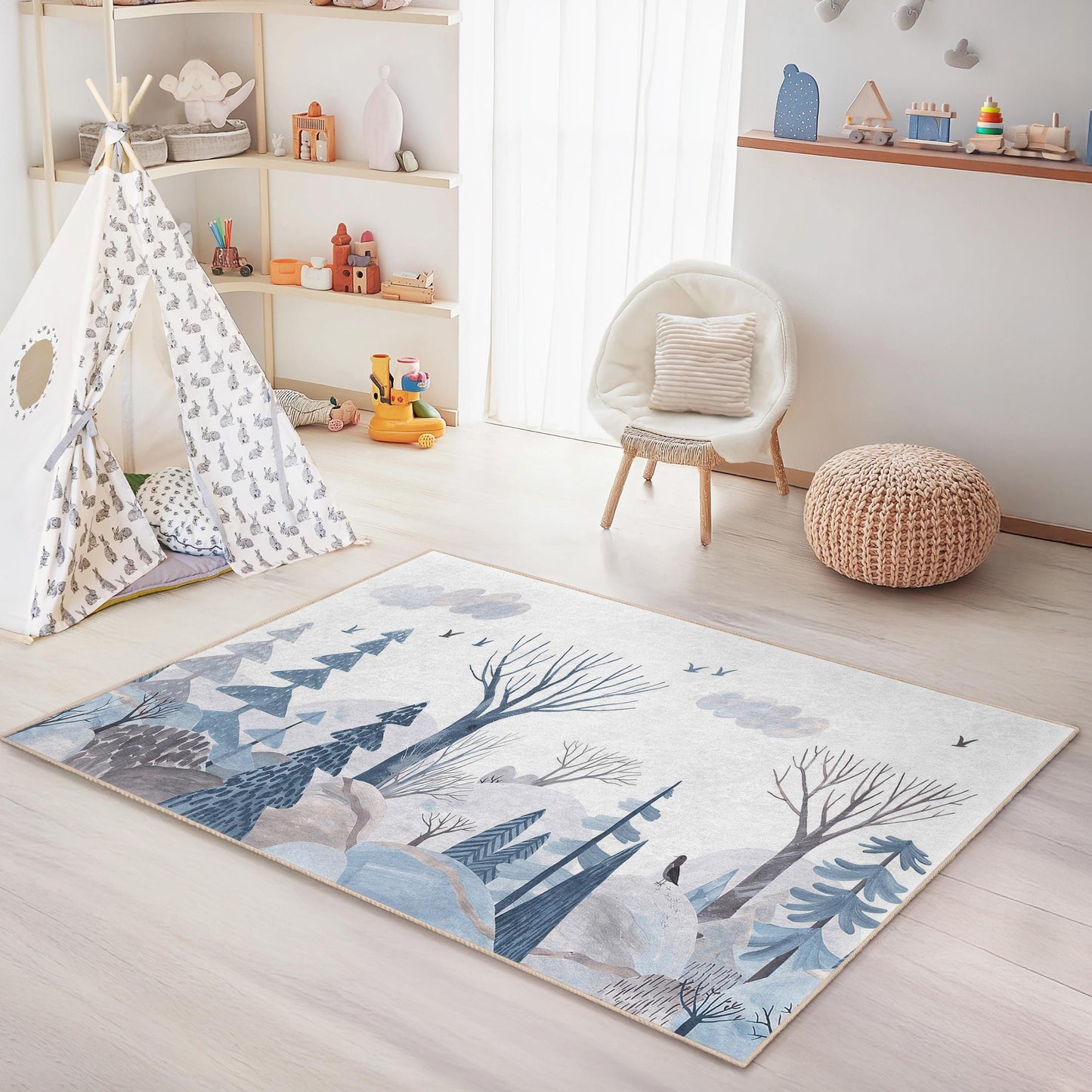 Whimsical Winter Forest Kids Rug, Blue and White Tree Pattern Rug, Rectangle Rug for Kids Room, Nursery Decor, Playroom Carpet