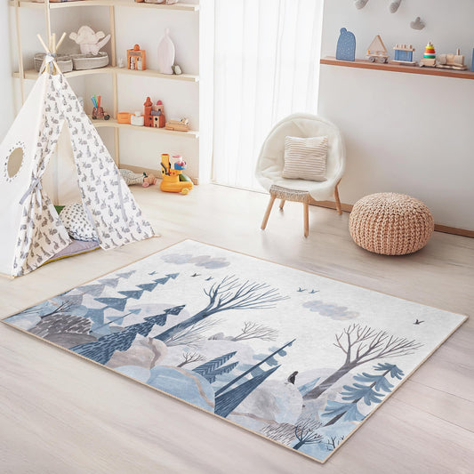 Whimsical Winter Forest Kids Rug, Blue and White Tree Pattern Rug, Rectangle Rug for Kids Room, Nursery Decor, Playroom Carpet