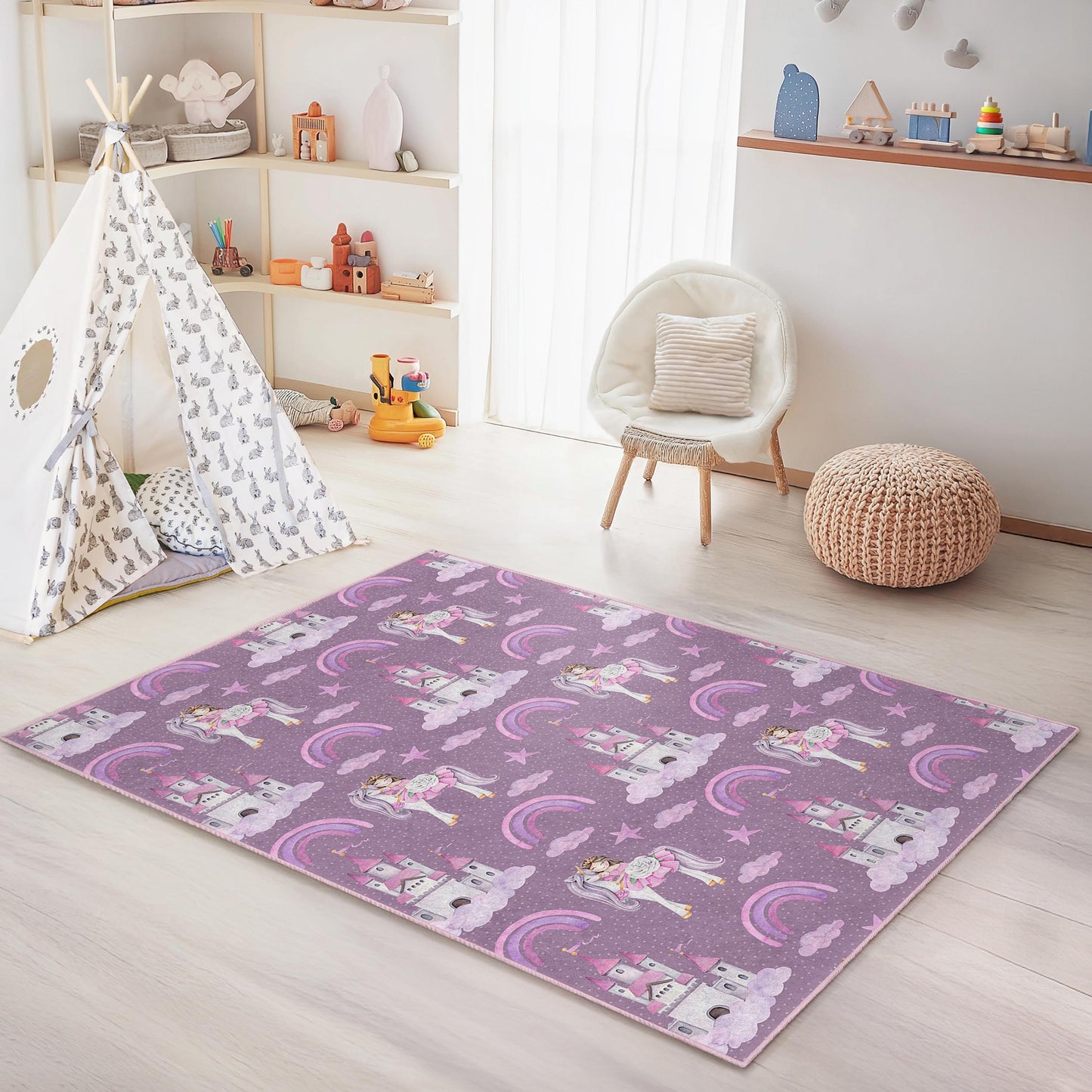 Princess Castle & Unicorns Kids Rug, Cute Rectangle Play Mat, Fantasy Theme Childrens Carpet, Nursery Decor, Kids Room Rug