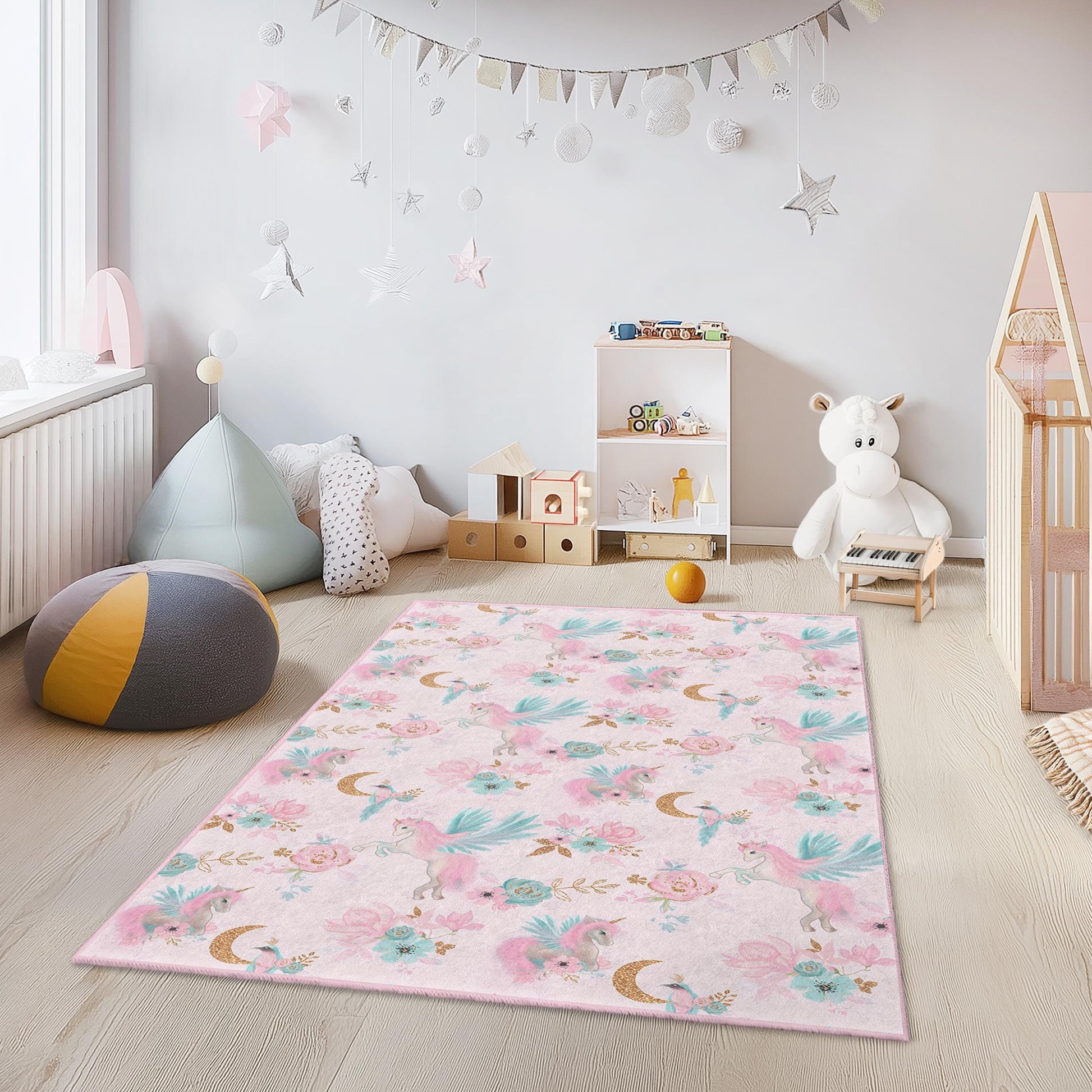 Whimsical Unicorn Floral Rectangular Kids Rug, Pink Floral Unicorn Carpet, Playroom Decor, Nursery Rug, Children's Room Accessories