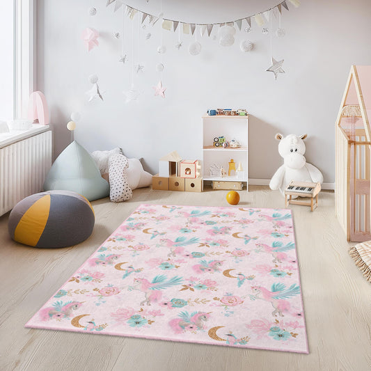 Whimsical Unicorn Floral Rectangular Kids Rug, Pink Floral Unicorn Carpet, Playroom Decor, Nursery Rug, Children's Room Accessories
