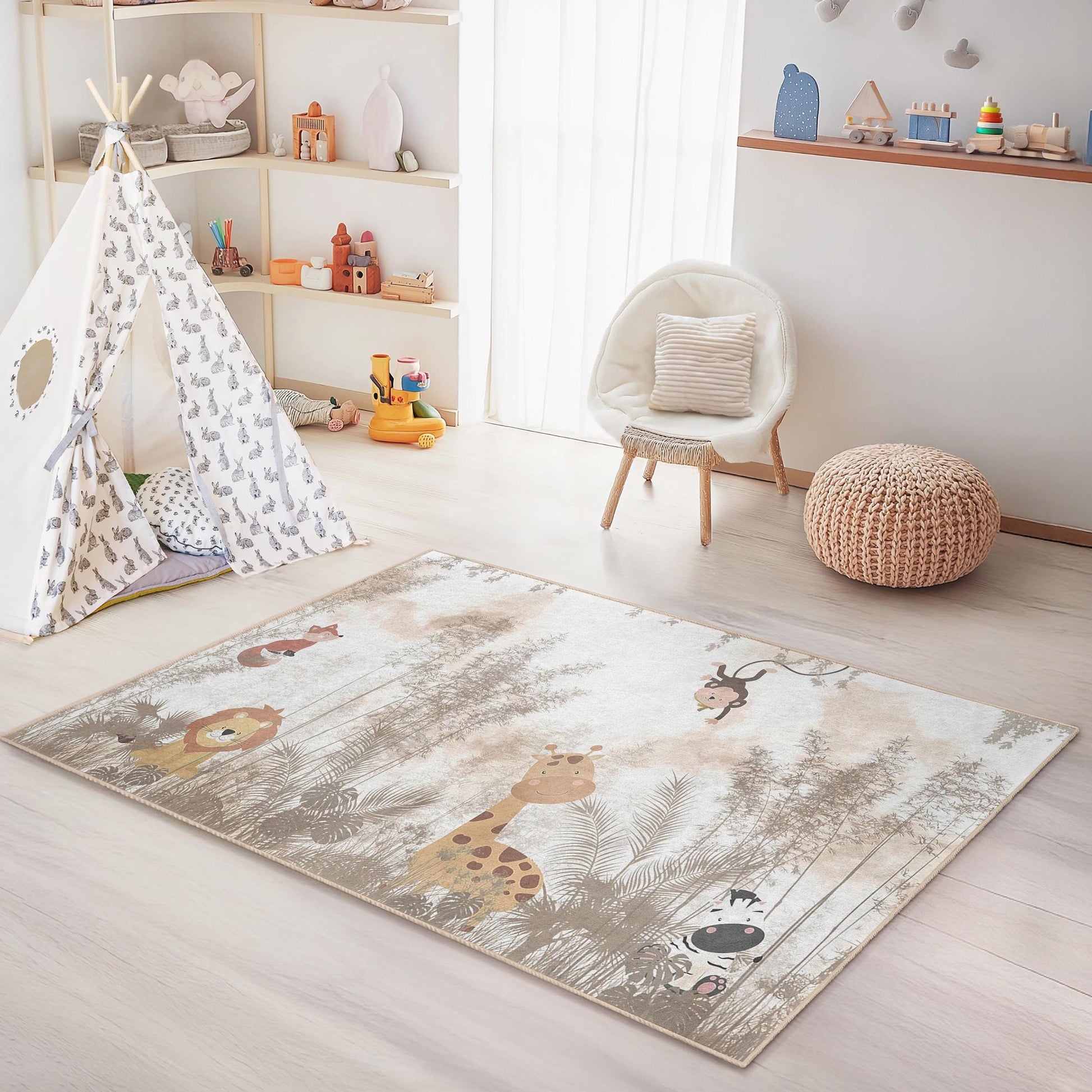 Jungle Adventure Kids Rug, Animal Print Rectangle Rug, Safari Themed Carpet, Nursery Decor, Soft Playroom Rug, Kids Room Accessories