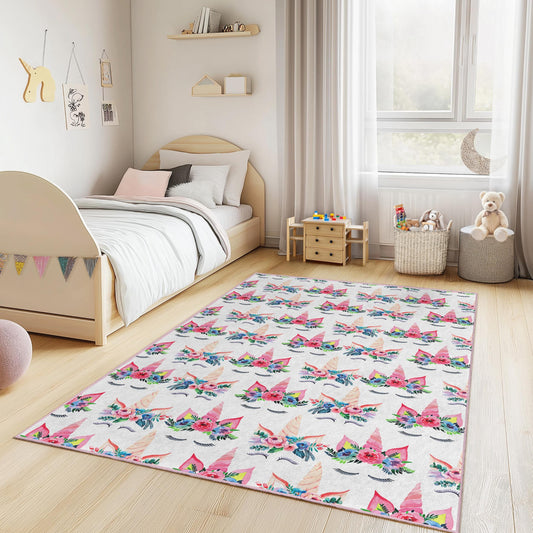 Colorful Unicorn Pattern Rectangular Kids Rug, Magical Unicorn Carpet for Playroom, Nursery Decor, Girls Room Rug