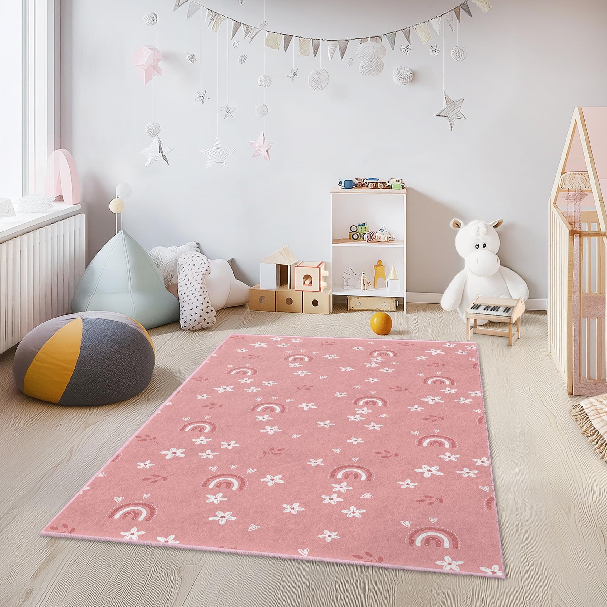 Rainbow and Floral Pattern Rectangular Kids Rug, Soft Playroom Carpet, Nursery Decor, Cute Rainbow Rug for Children's Room