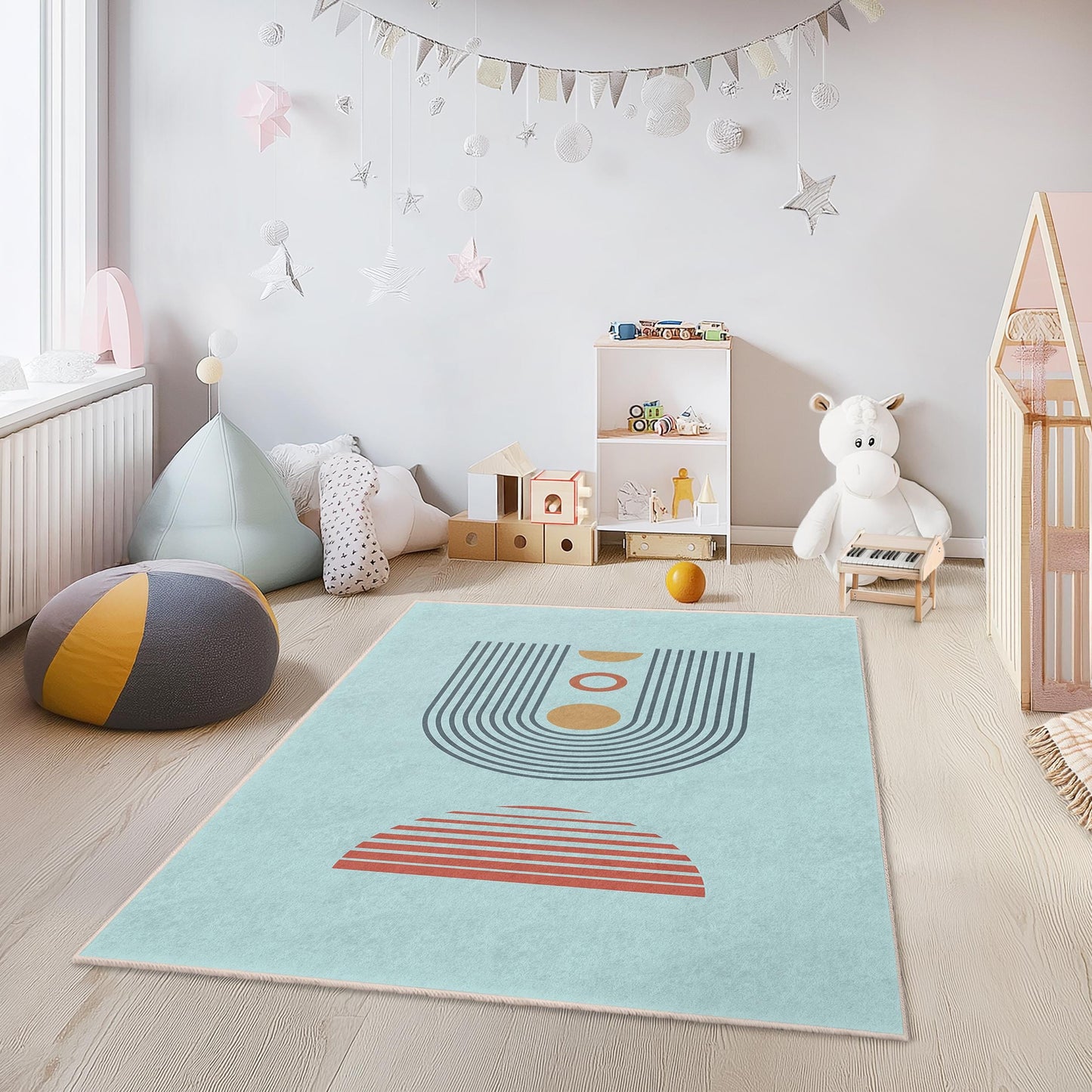 Geometric Pattern Rectangular Kids Rug, Modern Design Playroom Carpet, Stylish Nursery Area Rug, Children's Bedroom Decor