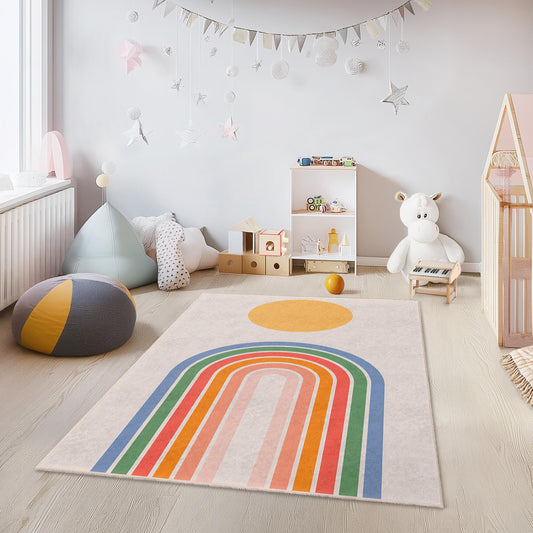 Colorful Rainbow Design Rectangular Kids Rug, Playroom Carpet, Nursery Decor, Soft Play Mat for Children, Unique Kids Room Rug
