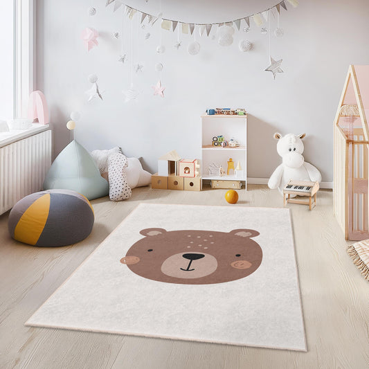 Cute Bear Face Kids Room Rug, Adorable Bear Rug for Children's Room, Nursery Decor, Soft Play Mat, Rectangular Kids Carpet