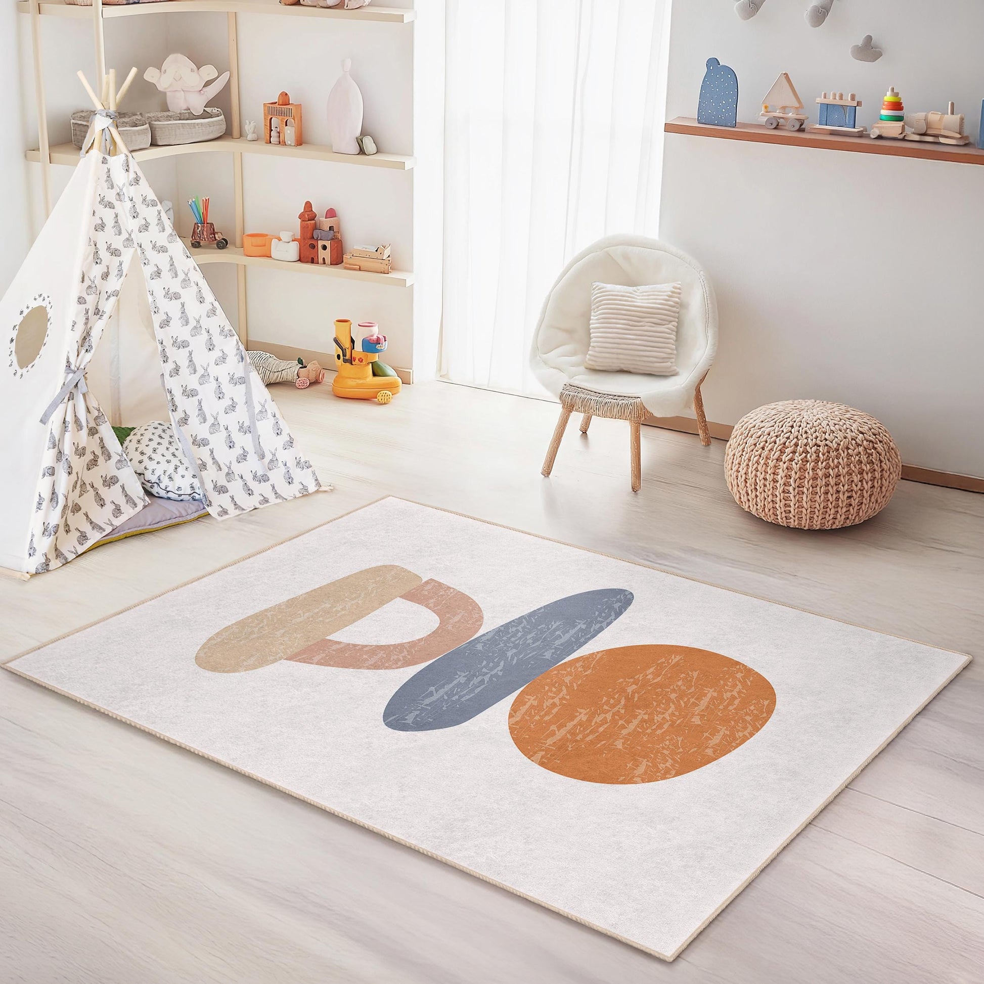 Abstract Colorful Shapes Area Rug, Modern Kids Room Rug, Rectangular Playroom Carpet, Nursery Decor, Soft and Cozy Mat