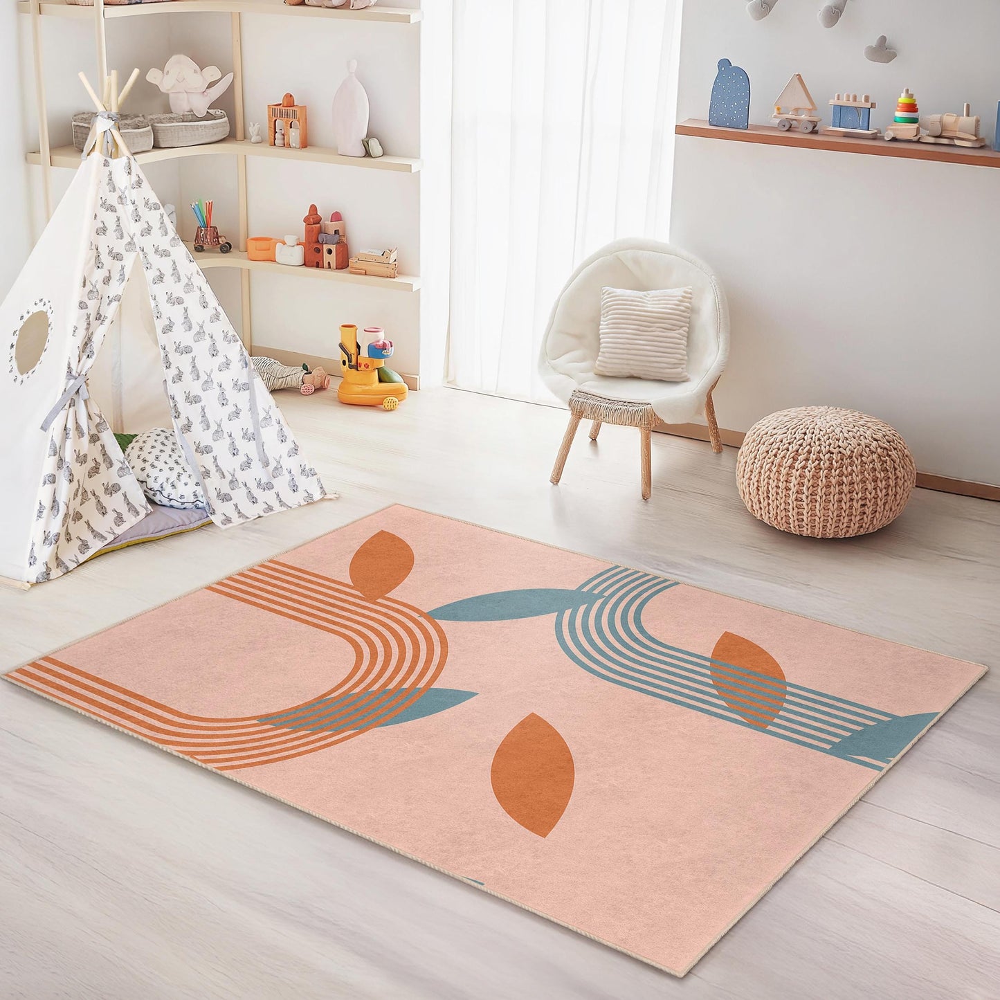 Modern Leaf Pattern Rectangular Rug for Kids Room, Stylish Kids Carpet, Nursery Decor, Playroom Essentials, Soft Area Rug
