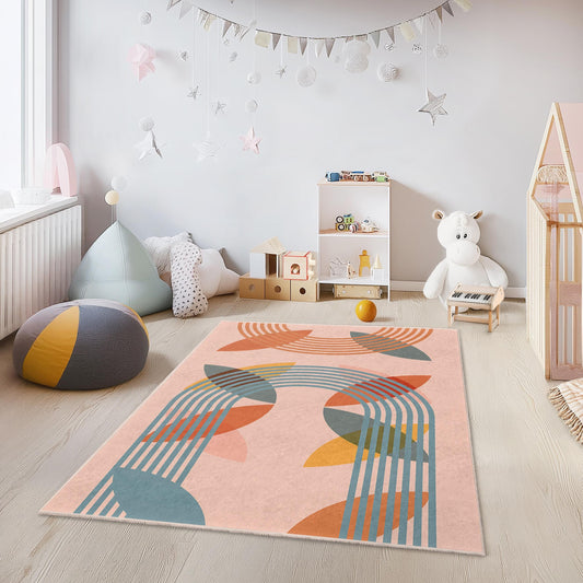 Colorful Geometric Rectangular Kids Rug, Modern Pattern Nursery Carpet, Playroom Floor Mat, Fun Decorative Area Rug