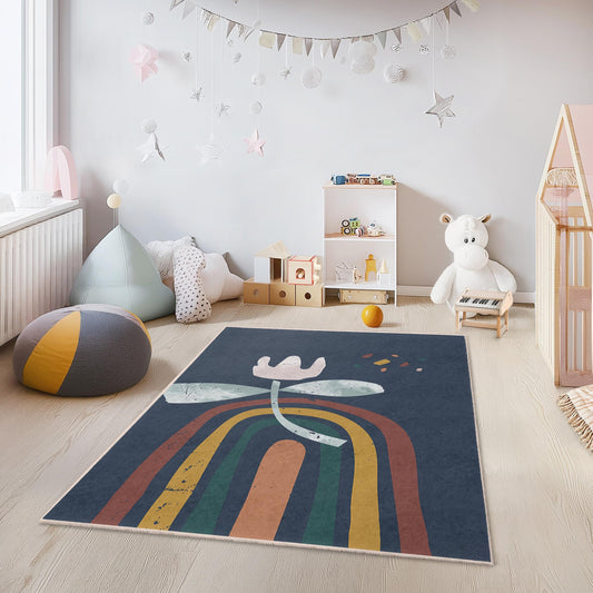 Colorful Flower Rainbow Rug, Kids Room Carpet, Rectangular Play Mat, Nursery Decor, Soft Area Rug for Children