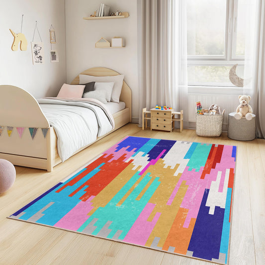 Colorful Striped Abstract Kids Rug, Rectangular Playroom Carpet, Bright Play Mat for Children, Nursery Decor, Kids Room Rug