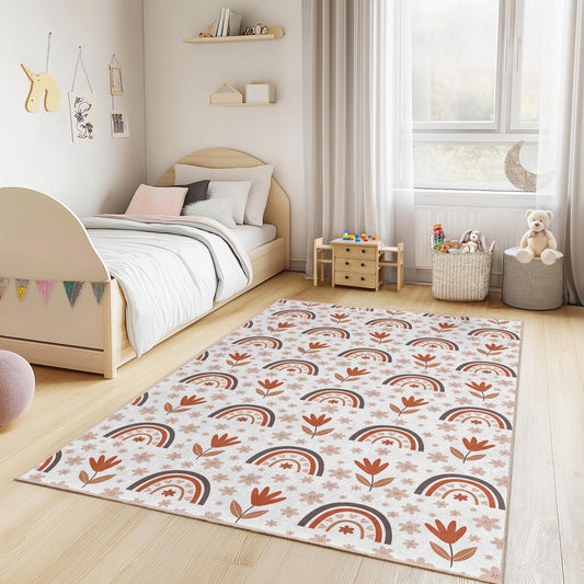 Rainbow Floral Design Kids Rectangle Rug, Colorful Flower Pattern Carpet for Children's Room, Playroom Decor, Nursery Rug