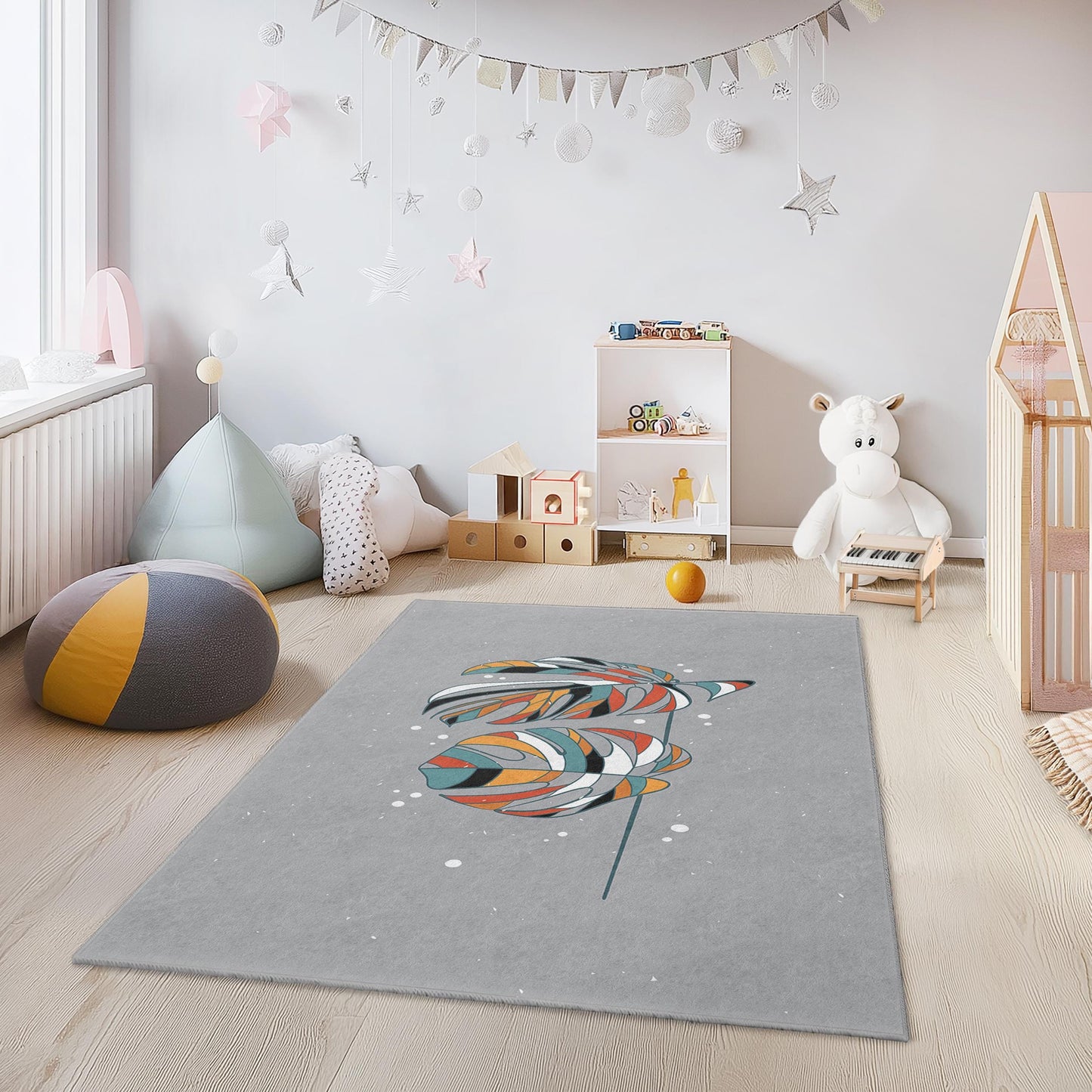 Colorful Monstera Leaf Rectangular Kids Rug, Tropical Plant Area Rug, Nursery Decor, Kids Room Soft Carpet, Playful Design