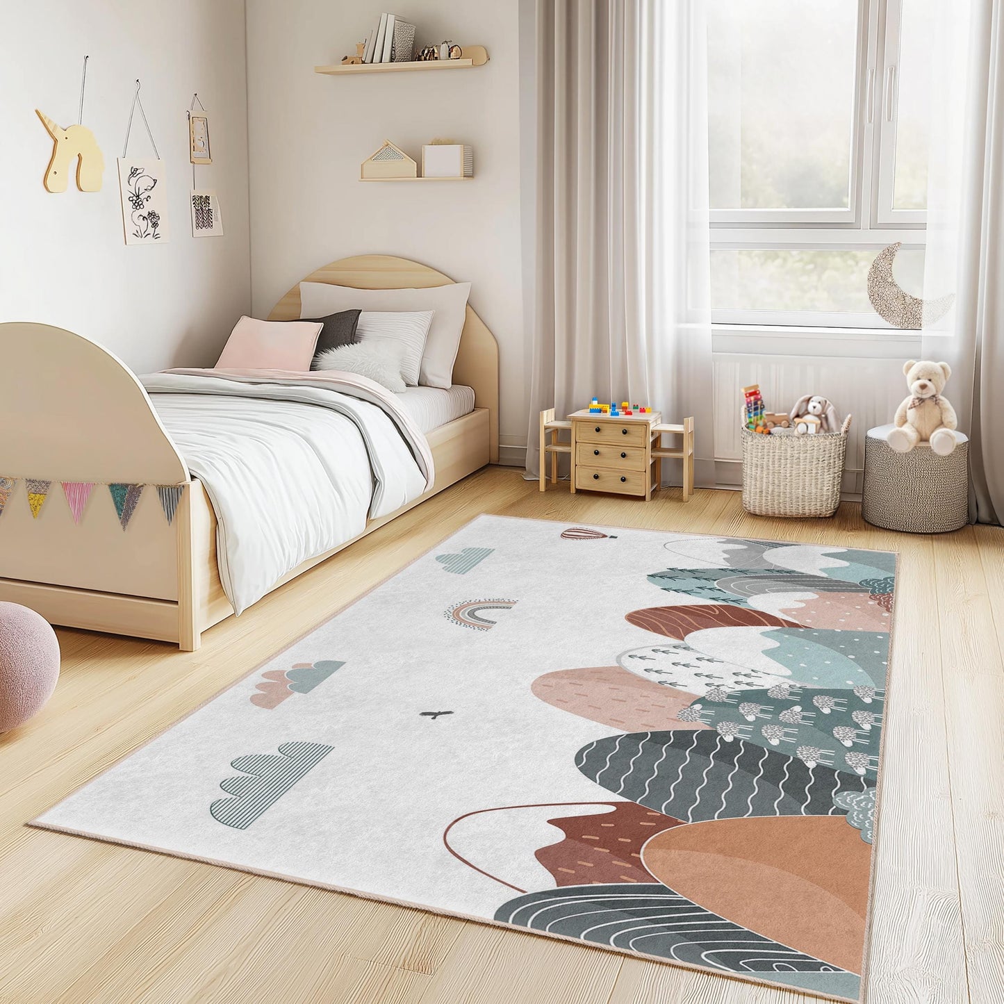 Kinderzimmerteppich mit Berglandschaftsmotiv, rechteckiger Spielzimmerteppich, weiche Kinderzimmerdekoration, stilvoller Kinderteppich, von der Natur inspiriertes Design