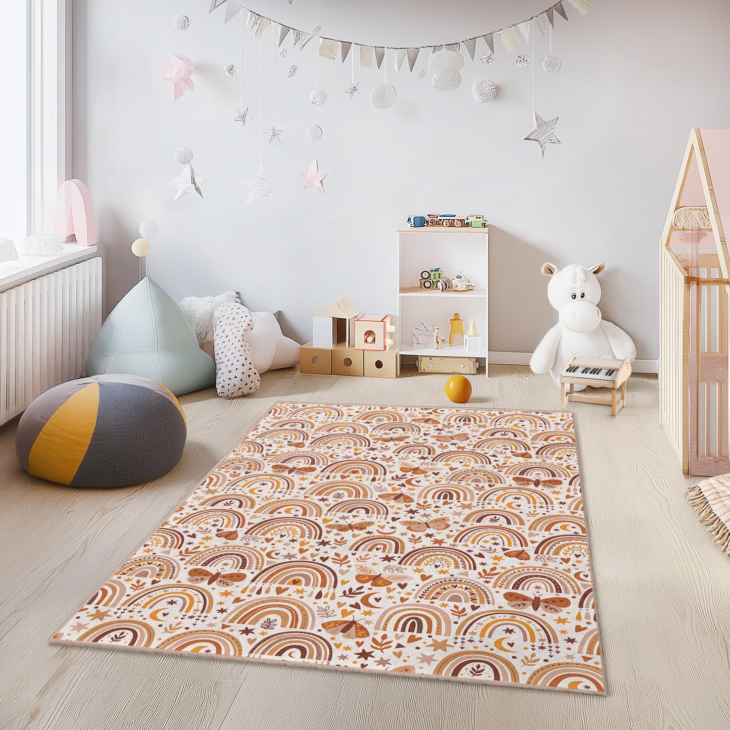 Rainbow and Butterfly Kids Area Rug, Rectangular Playroom Carpet, Colorful Nursery Decor, Soft Fabric Kids Rug, Autumn Theme Design