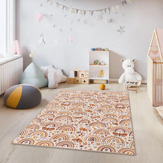 Rainbow and Butterfly Kids Area Rug, Rectangular Playroom Carpet, Colorful Nursery Decor, Soft Fabric Kids Rug, Autumn Theme Design