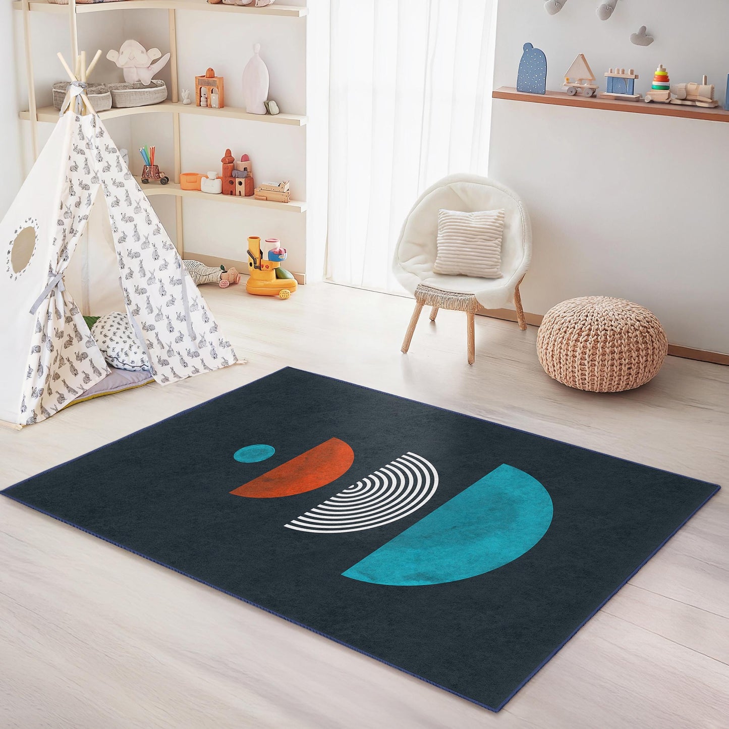 Geometric Pattern Kids Rectangle Rug, Colorful Shapes Area Rug, Modern Nursery Carpet, Playroom Decor, Unique Childrens Rug