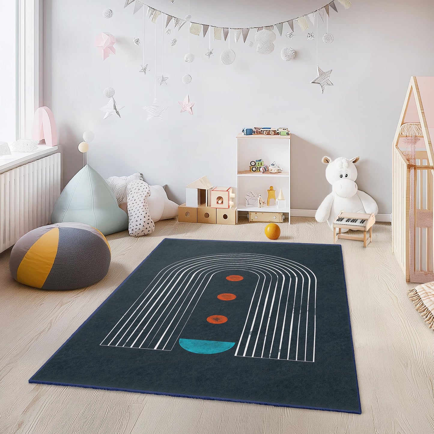 Geometric Rainbow Pattern Kids Rectangle Rug, Modern Nursery Decor, Colorful Playroom Carpet, Stylish Children's Room Rug