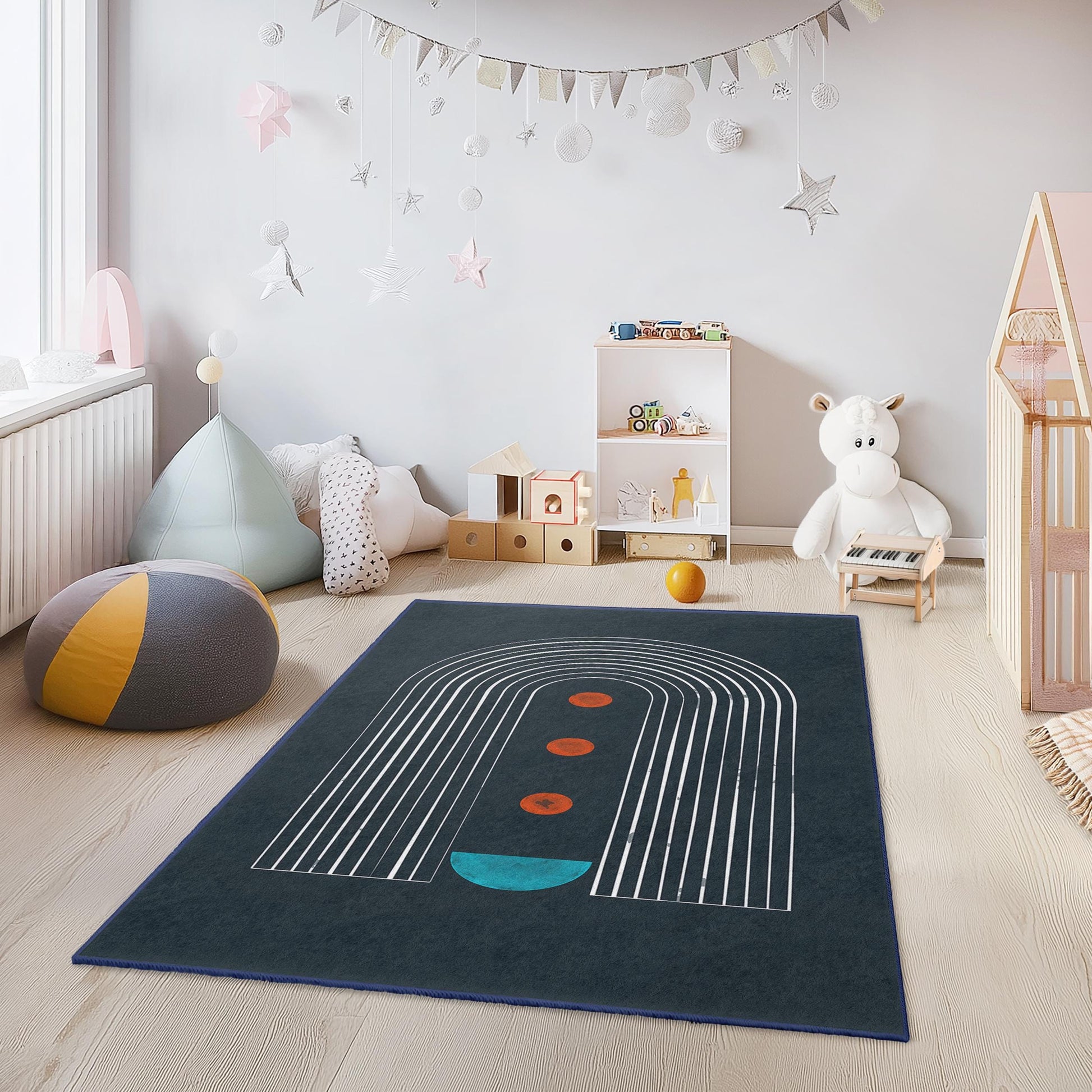Geometric Rainbow Pattern Kids Rectangle Rug, Modern Nursery Decor, Colorful Playroom Carpet, Stylish Children's Room Rug