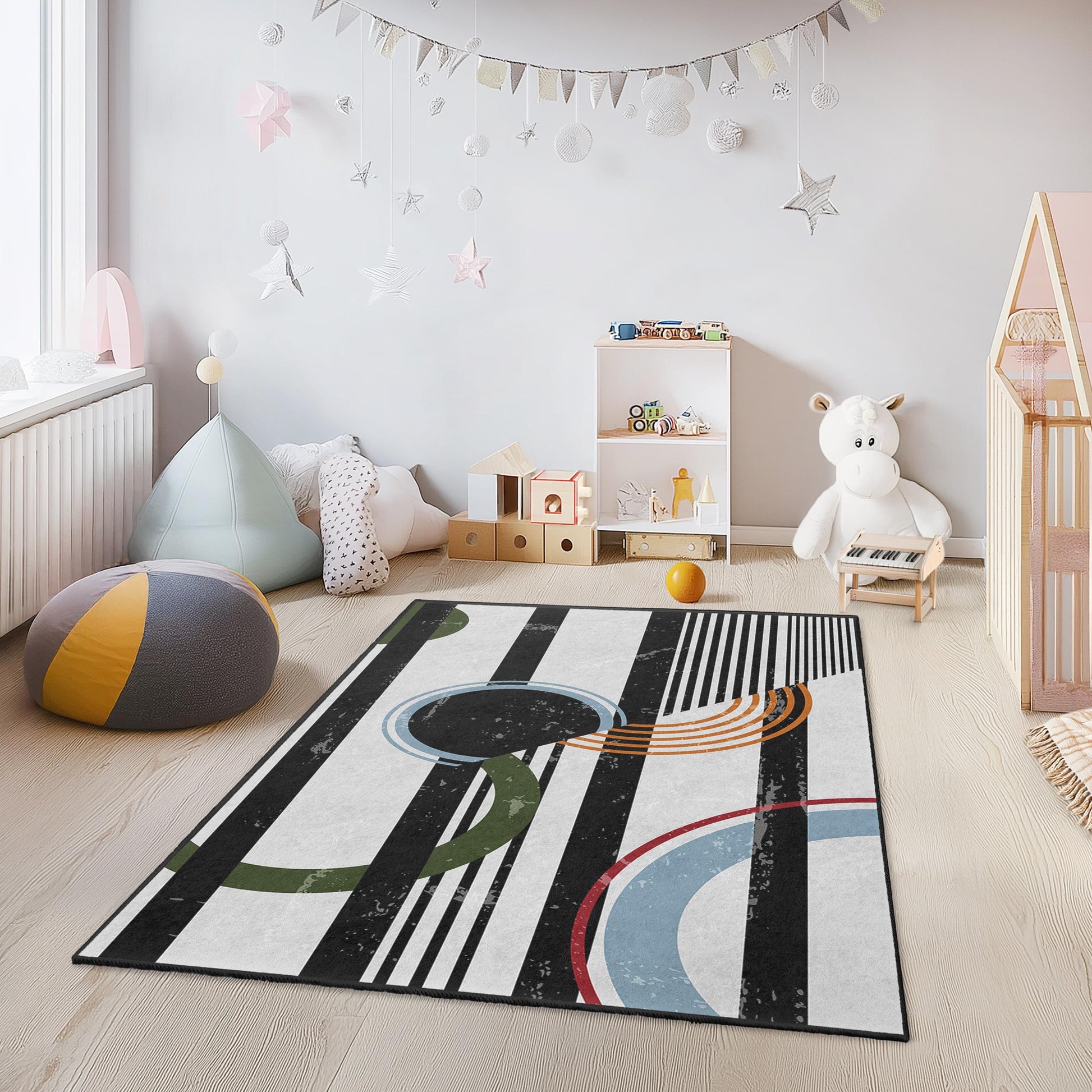 Geometric Pattern Rectangular Kids Rug, Modern Striped Area Rug, Colorful Playroom Carpet, Unique Nursery Decor