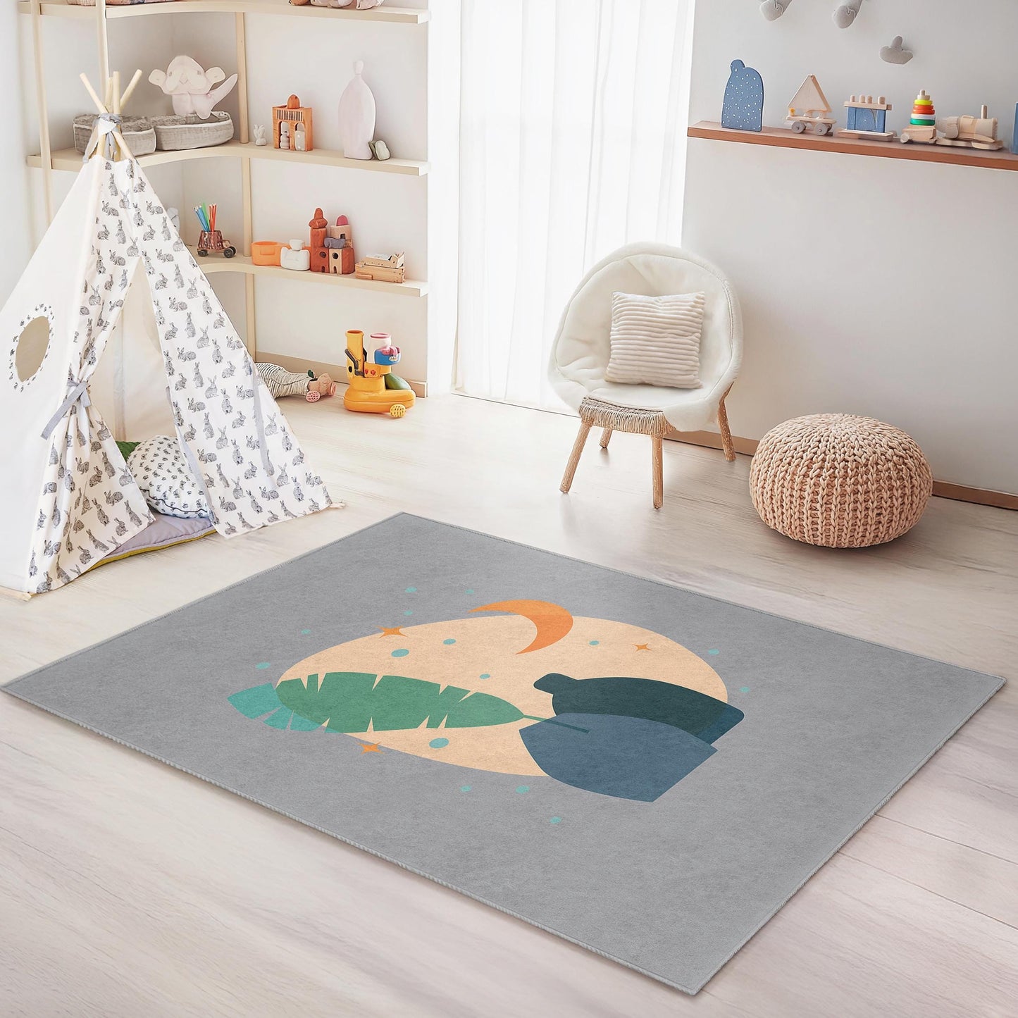 Abstract Leaf and Vase Rectangular Kids Room Rug, Modern Nursery Decor, Playroom Carpet, Stylish Home Accent