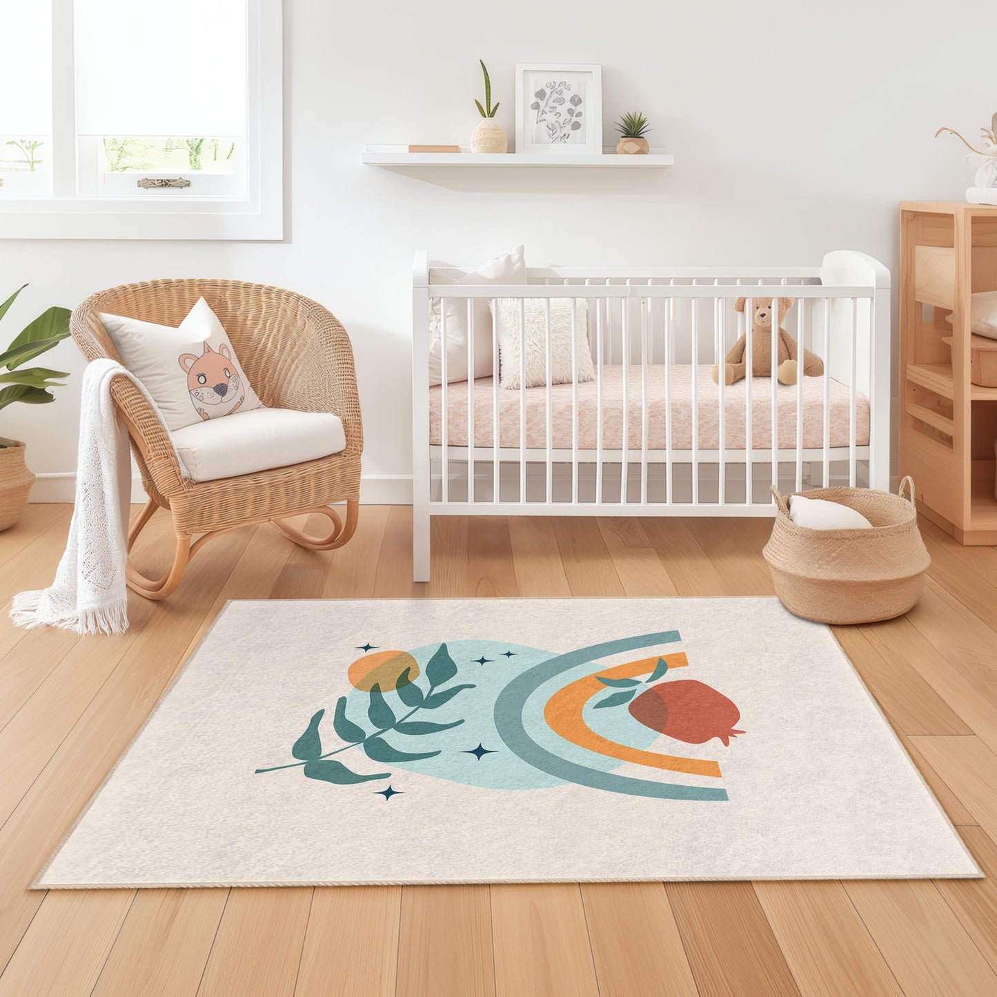 Bunter rechteckiger Kinderteppich mit Regenbogen- und Blättermuster, Spielzimmerteppich, Kinderzimmerteppich, Teppich für das Kinderzimmer, lebendiger Kinderteppich
