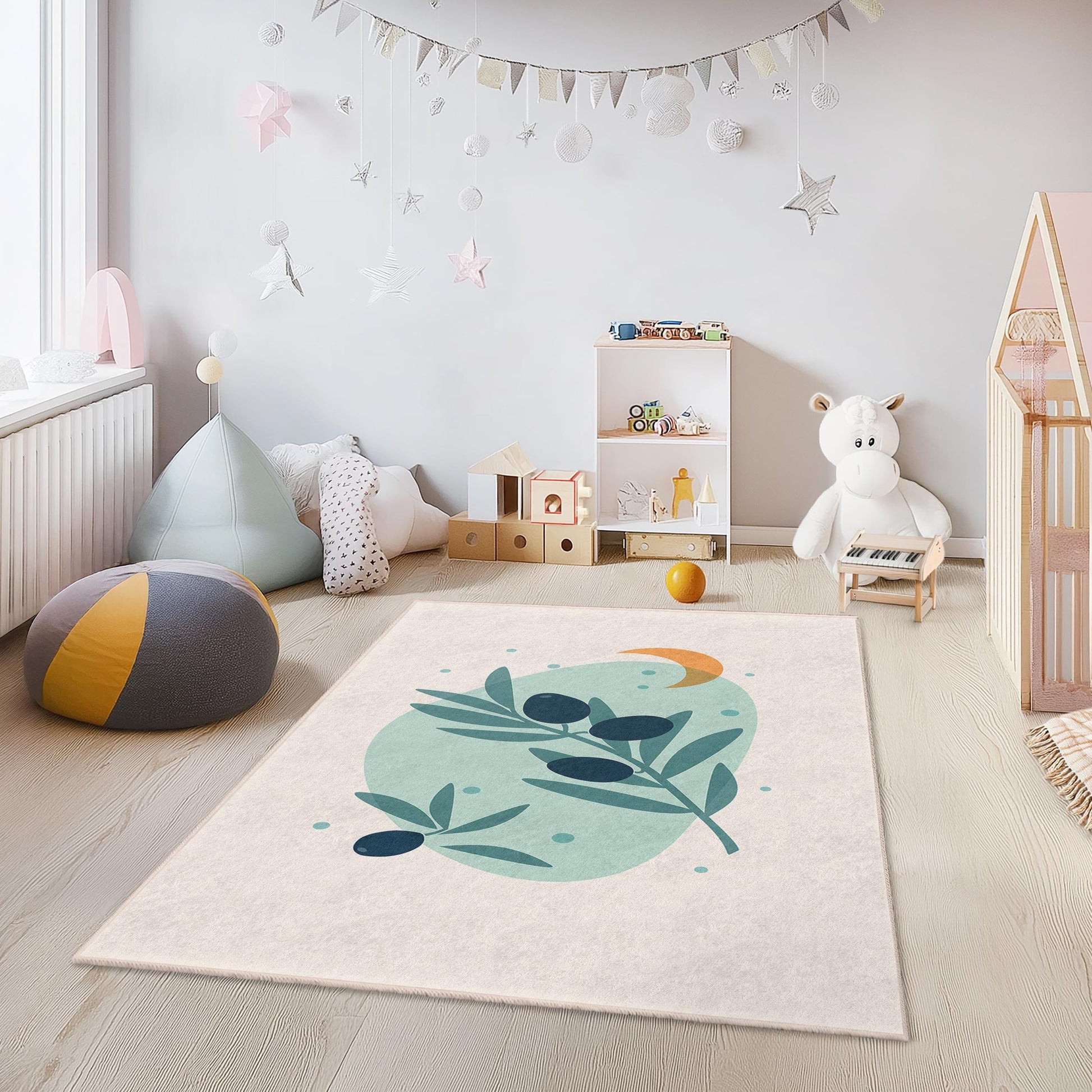 Olive Branch Abstract Design Rug, Rectangular Area Rug for Kids Room, Soft Decorative Carpet for Playroom, Nursery Decor
