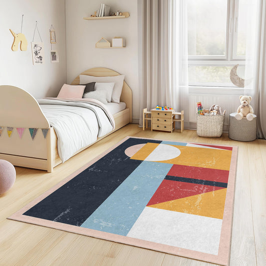 Geometric Pattern Rectangular Kids Rug, Modern Playroom Carpet, Colorful Nursery Decor, Kids Room Area Rug, Soft Play Mat for Children