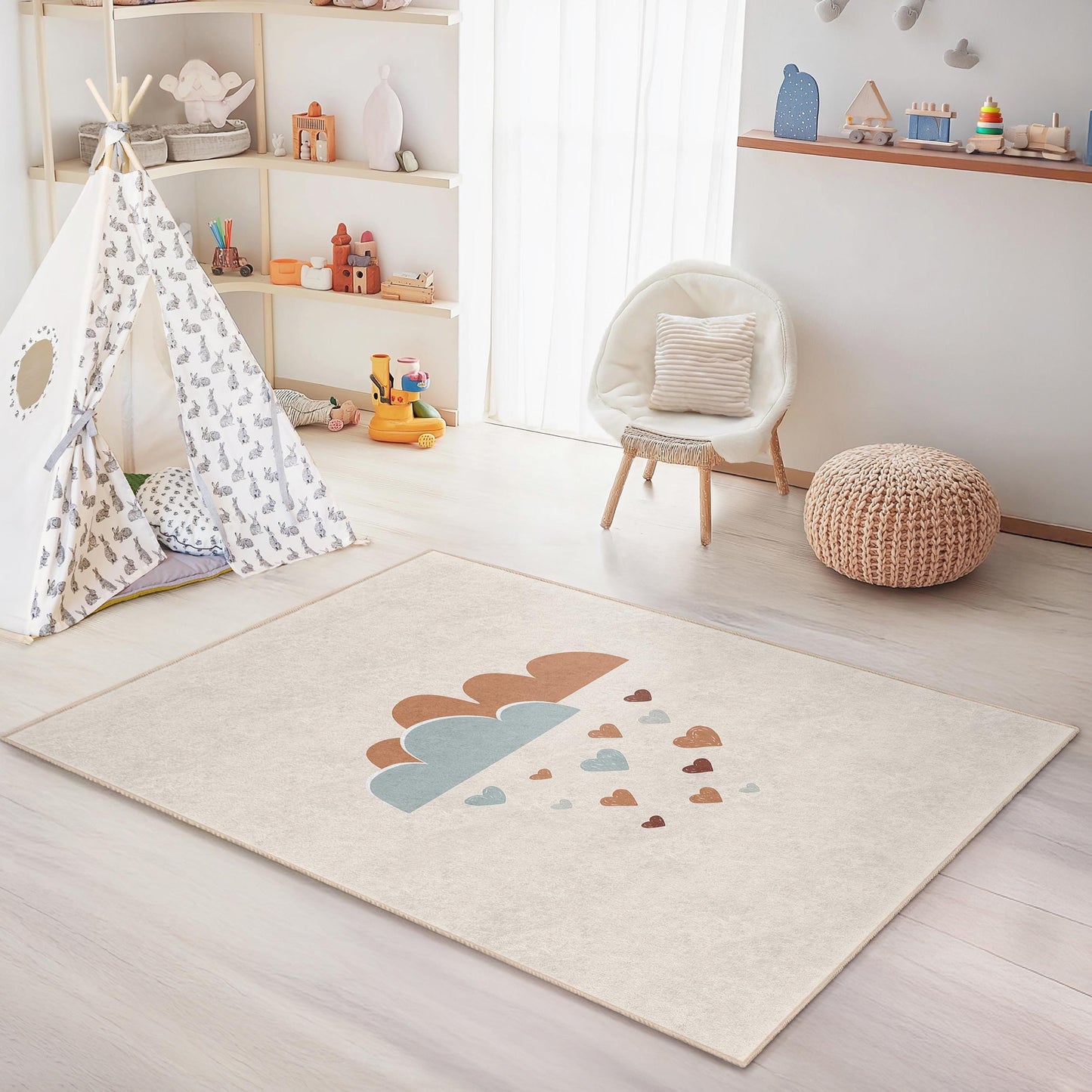 Clouds and Hearts Rectangular Kids Rug, Cute Nursery Carpet, Playroom Decor, Soft Children's Rug, Adorable Kids Bedroom Rug