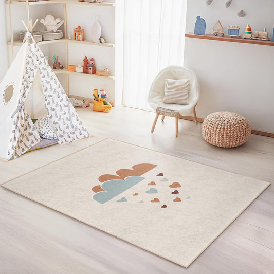 Clouds and Hearts Rectangular Kids Rug, Cute Nursery Carpet, Playroom Decor, Soft Children's Rug, Adorable Kids Bedroom Rug
