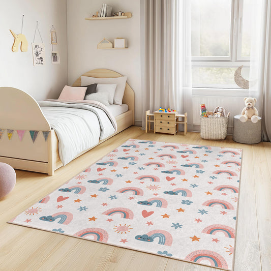 Rainbow Pattern Kids Rectangular Area Rug, Colorful Playroom Carpet, Soft Nursery Rug, Cute Kids Room Decor, Rainbow Decor