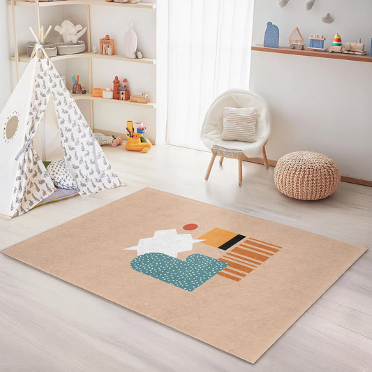 Geometric Pattern Rectangle Kids Rug, Modern Playroom Carpet, Colorful Nursery Rug, Chic Children's Room Decor, Soft Floor Mat