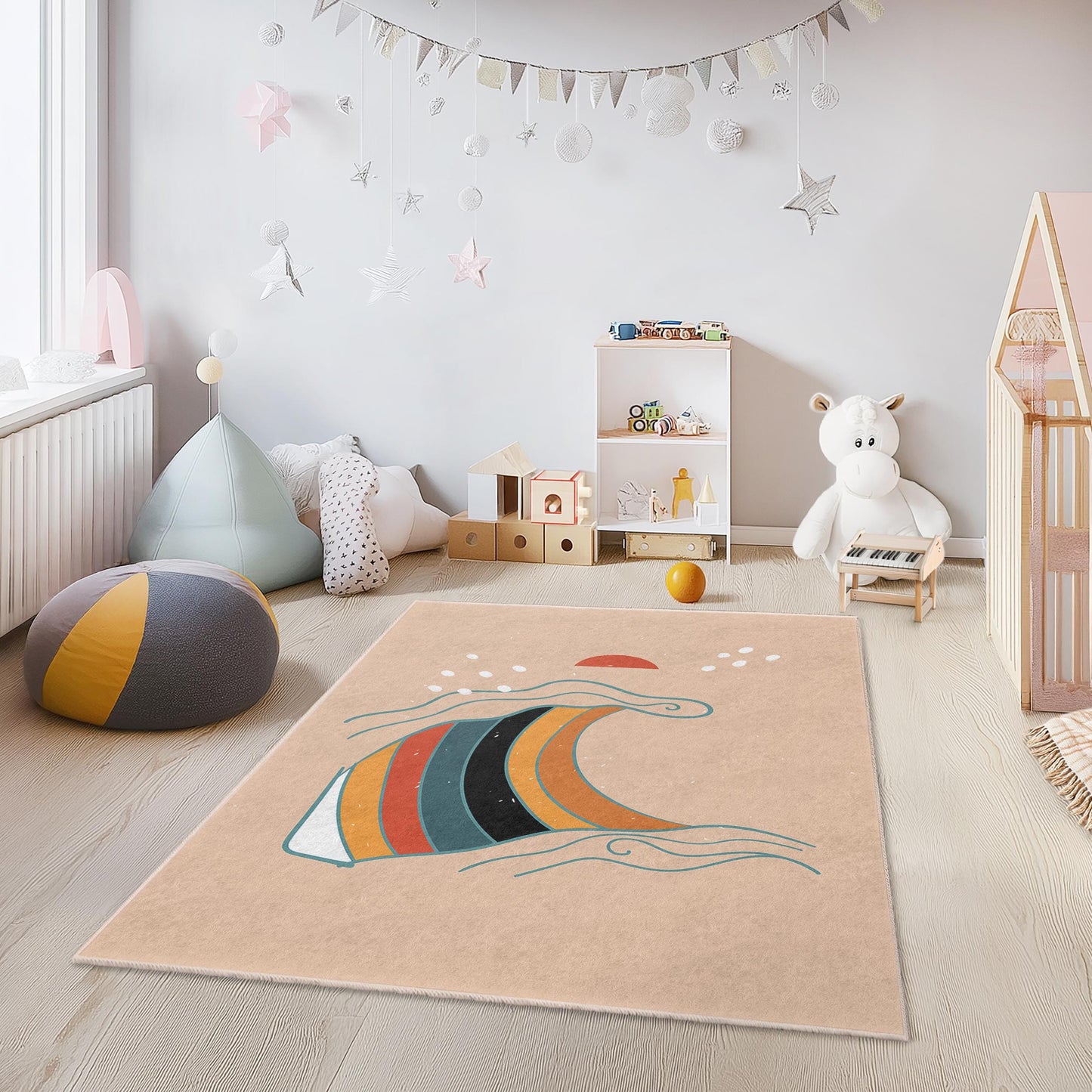 Colorful Wave Pattern Rectangular Kids Rug, Beach Themed Decor, Soft Playroom Carpet, Surfer Room Rug, Ocean Inspired Mat